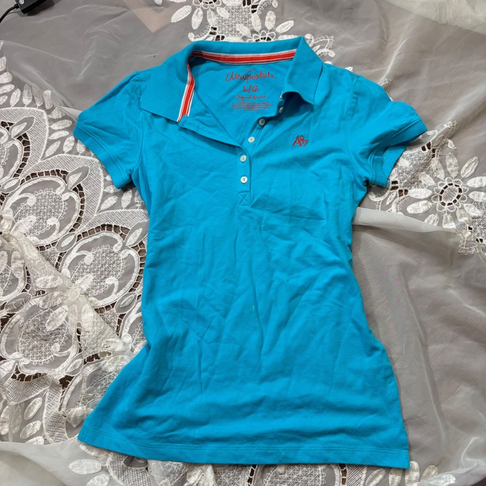 Y2K Aeropostale Womens Turquoise Blue A87 Logo Stretch Pique Polo Shirt Large